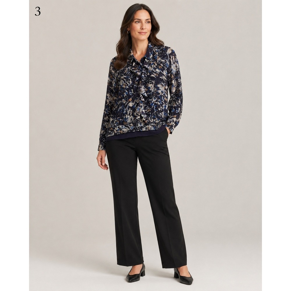 cabi Blouse Womens Medium Black Starry Night Chiffon‎ Ruffle Button Front #3066